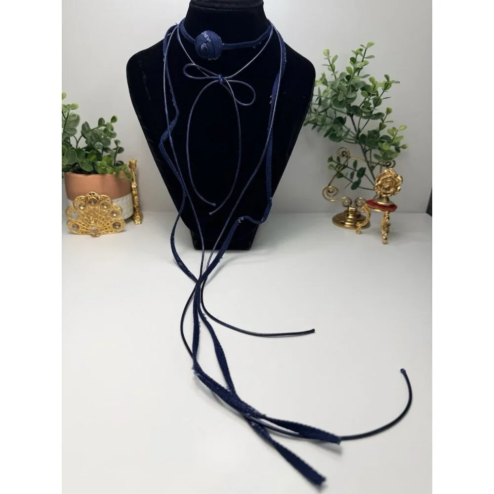 Zara Pack 2 Navy Wrap Choker Long Cord Necklace Adjustable Bow NWOT - Picture 6 of 6